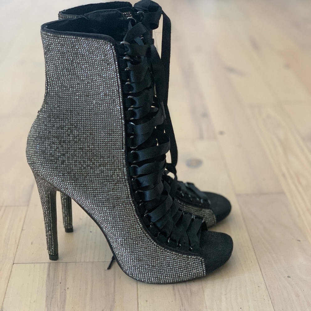 Rhinestoned Mid Calf Lace Up peep Toe High Heel